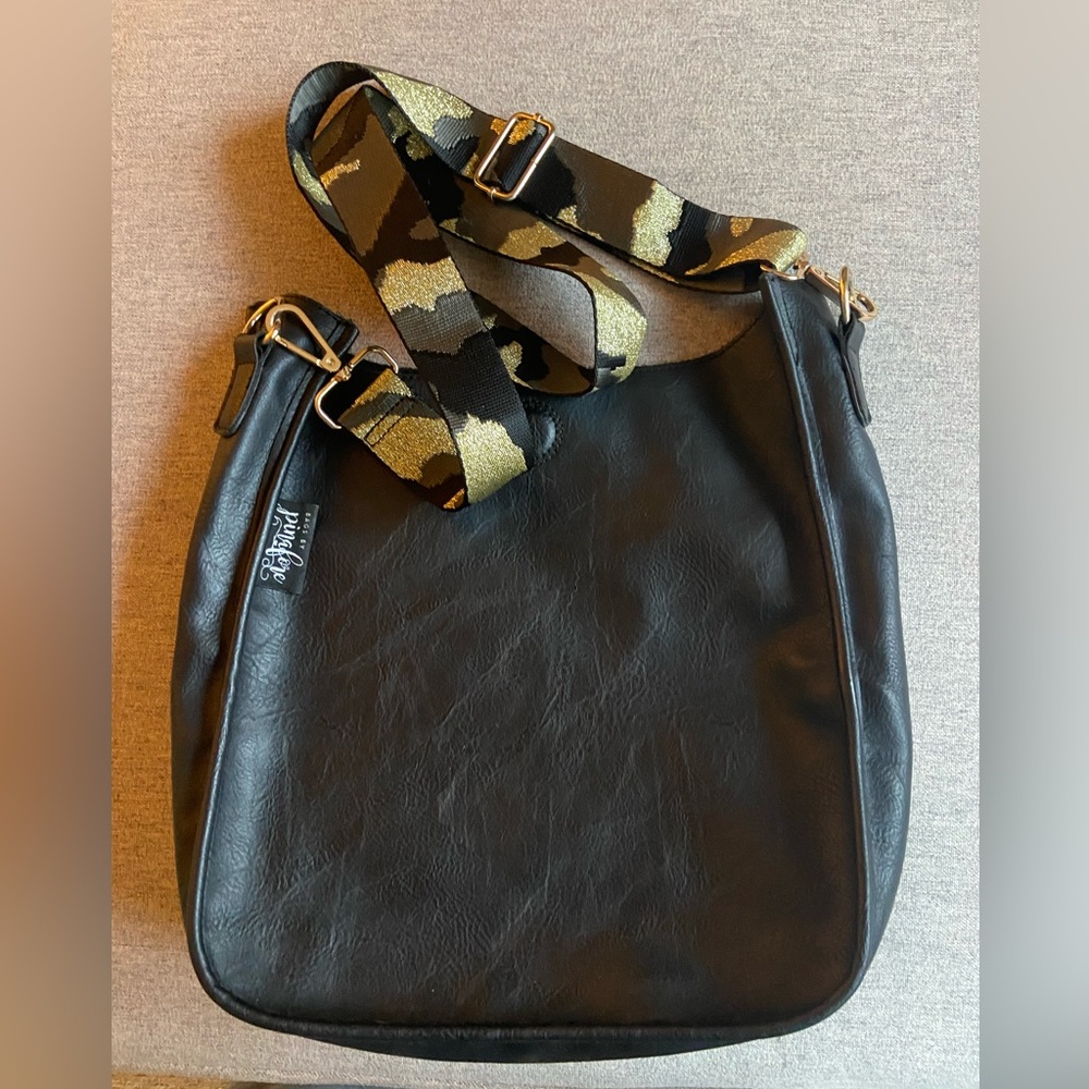 Black Crossbody Purse by Pinafore Vegan Camo Strap Gold Accents Mint Condition